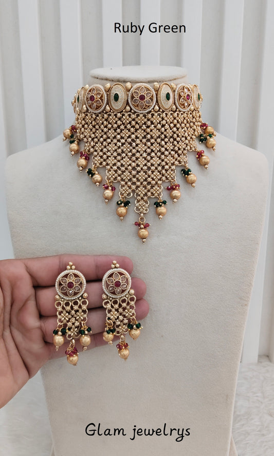 Ruby Green Gold Polki Choker Indian Jewellery Bini Set