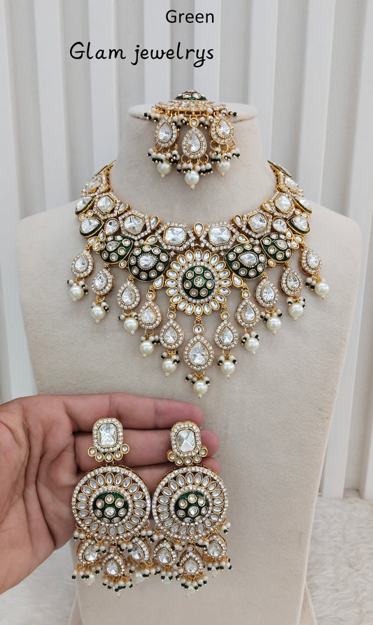 Green Kundan Necklace Indian Jewellery Brarr Set
