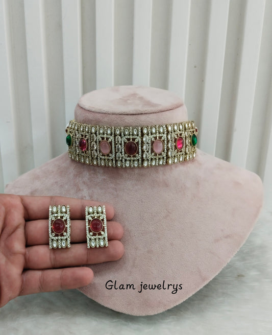 Multi Color Gold Moissanite Kundan Choker Indian Jewellery Striker Set