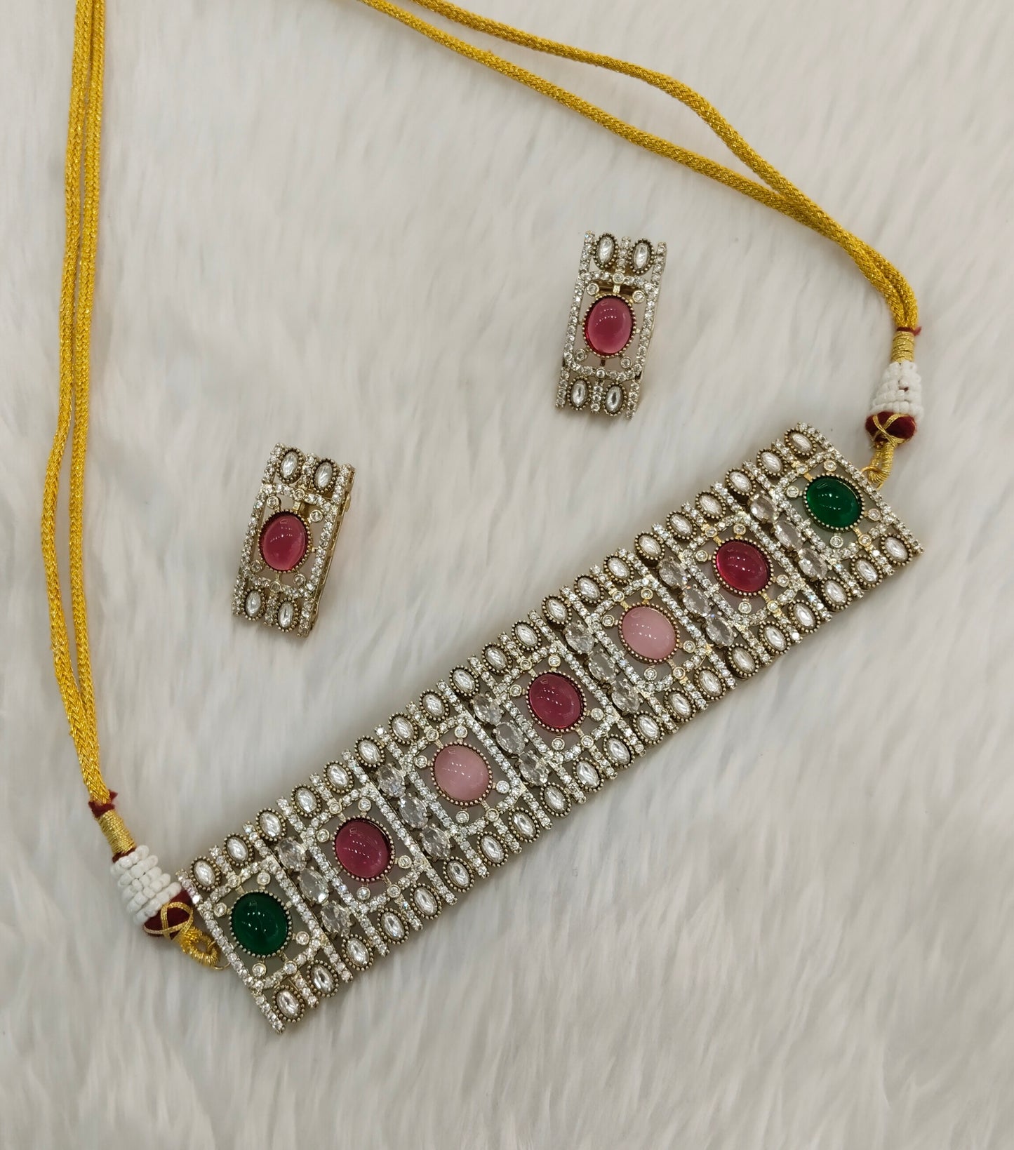 Multi Color Gold Moissanite Kundan Choker Indian Jewellery Striker Set