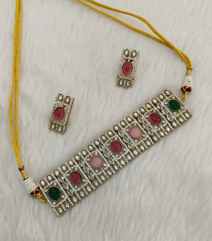 Multi Color Gold Moissanite Kundan Choker Indian Jewellery Striker Set