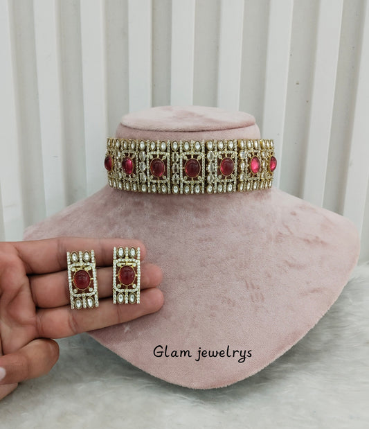 Ruby Gold Moissanite Kundan Choker Indian Jewellery Striker Set