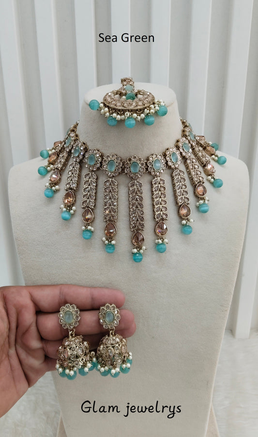Sea Green Antique Gold Necklace Set animal Jewellery