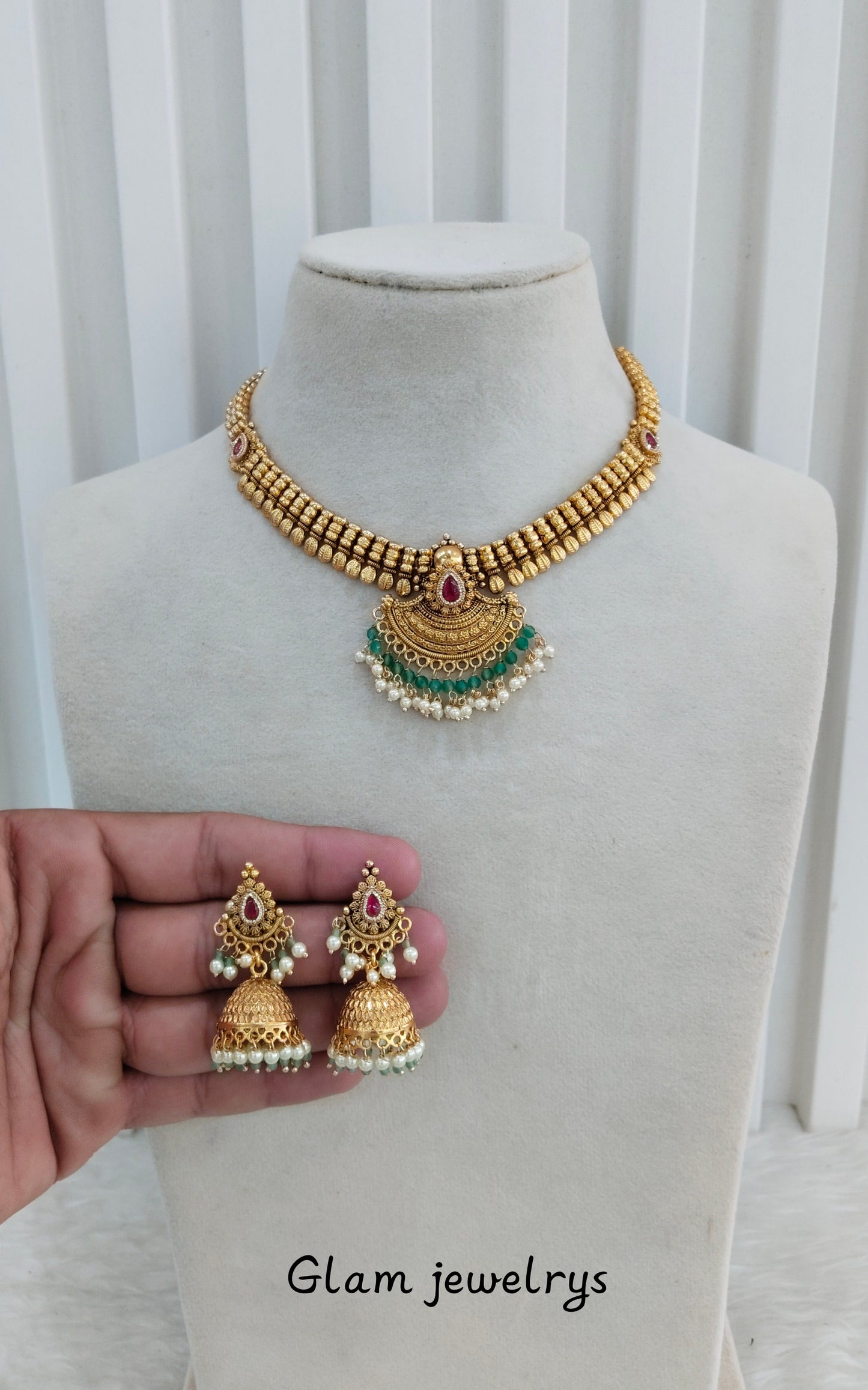 Majenta Sage Green Gold Polki Necklace Indian Jewellery Harf Set