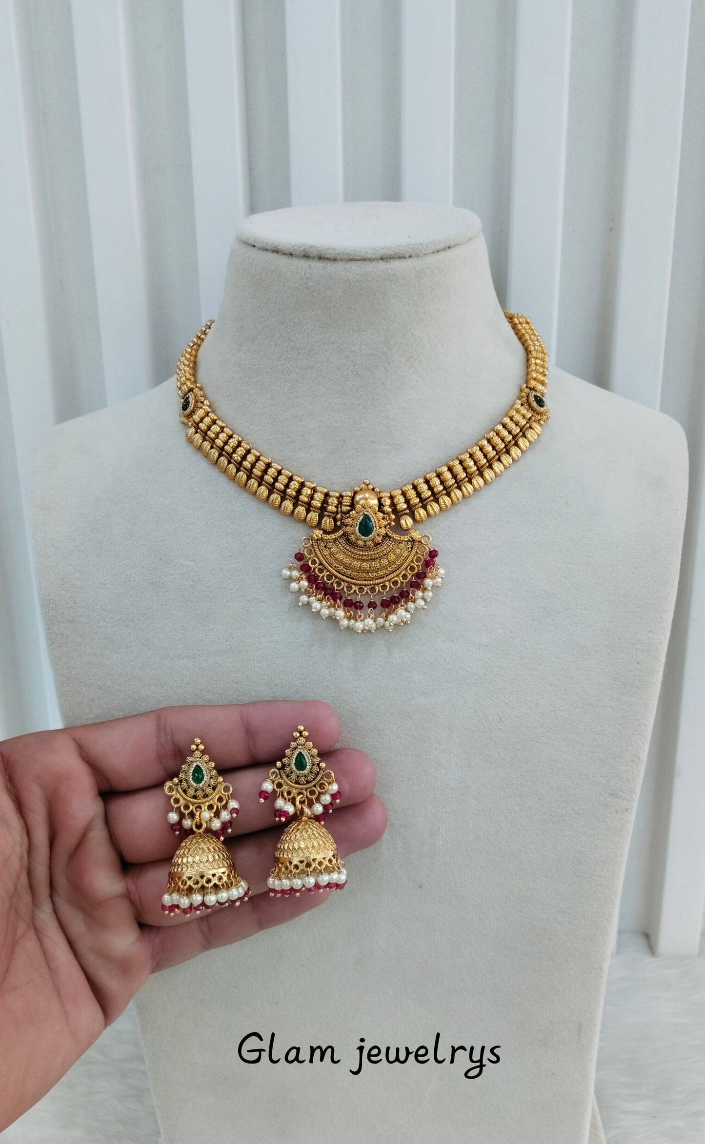 Ruby Green Gold Polki Necklace Indian Jewellery Harf Set