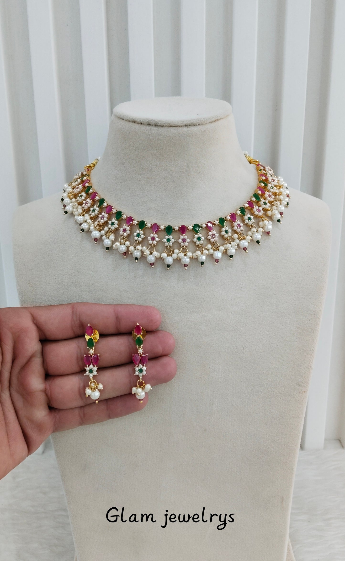 Ruby Green Pearl Necklace Indian Jewellery Spike Set
