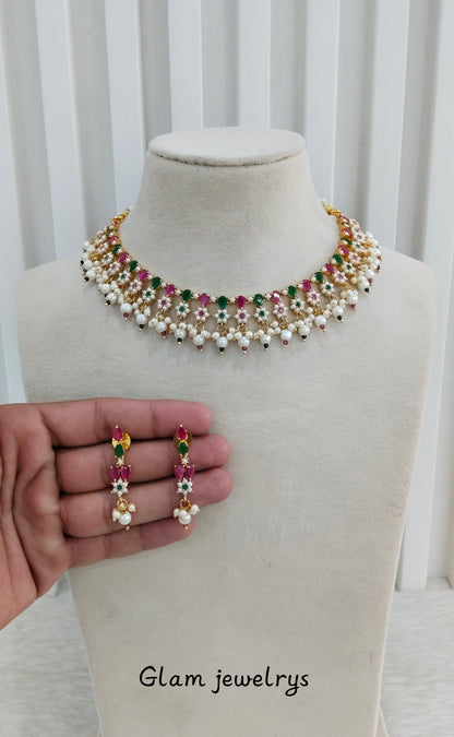Ruby Green Pearl Necklace Indian Jewellery Spike Set