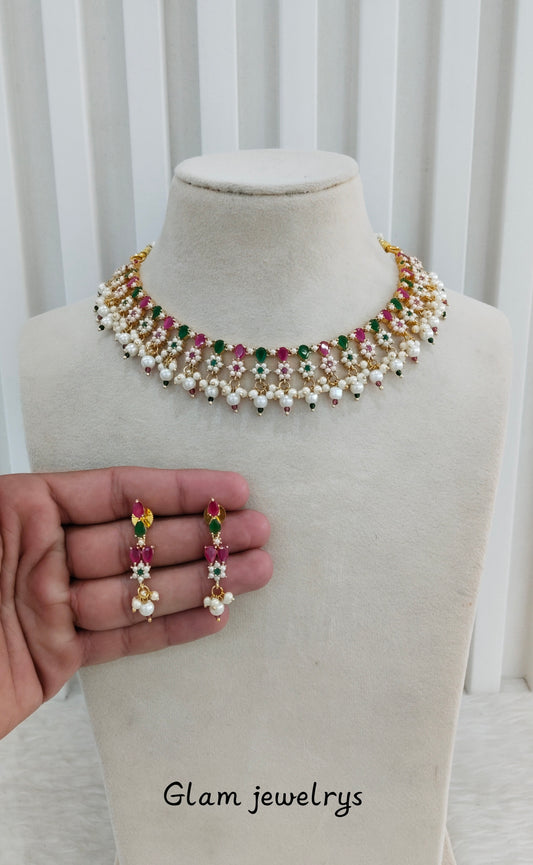 Ruby Green Pearl Necklace Indian Jewellery Spike Set