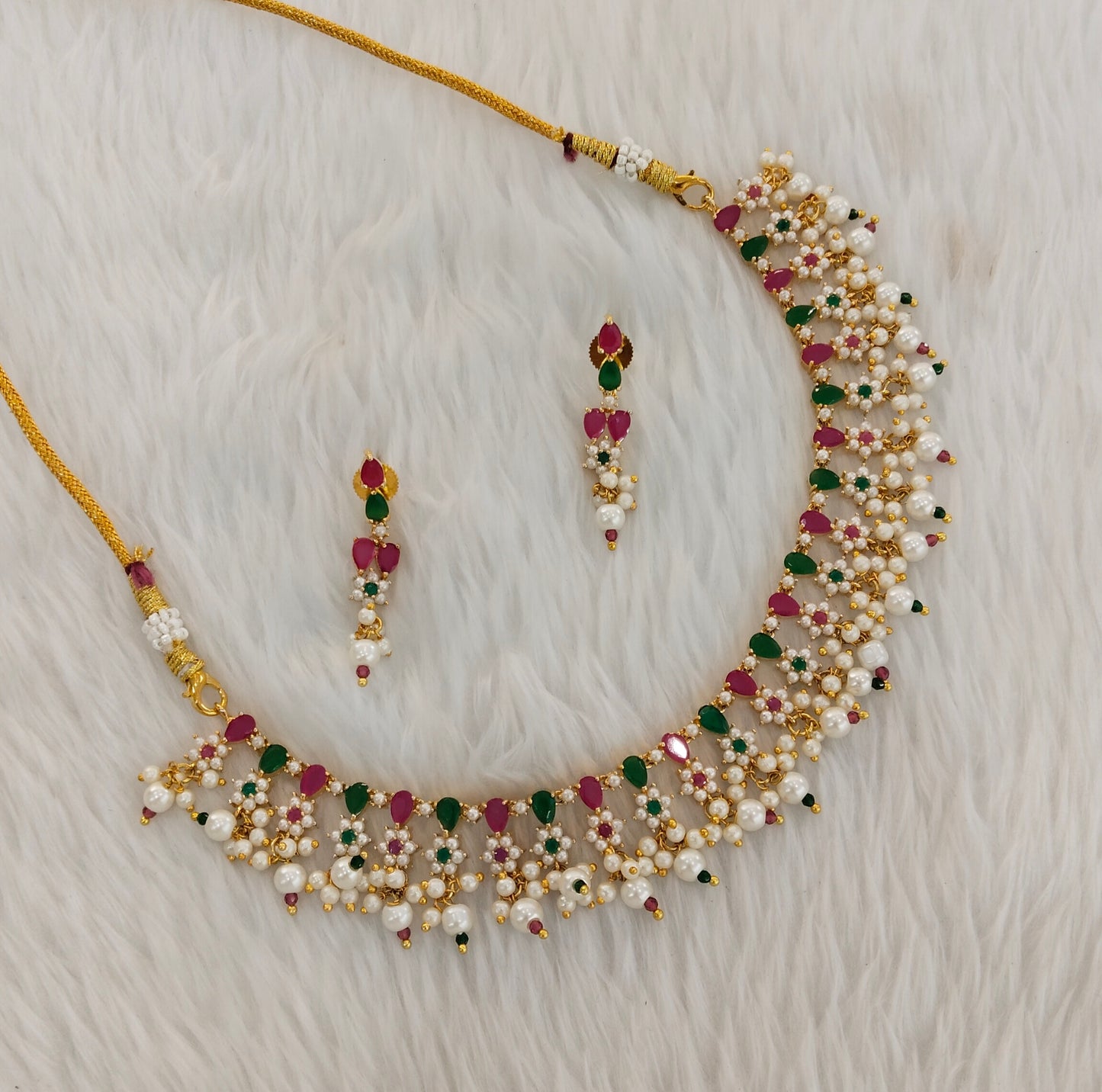 Ruby Green Pearl Necklace Indian Jewellery Spike Set
