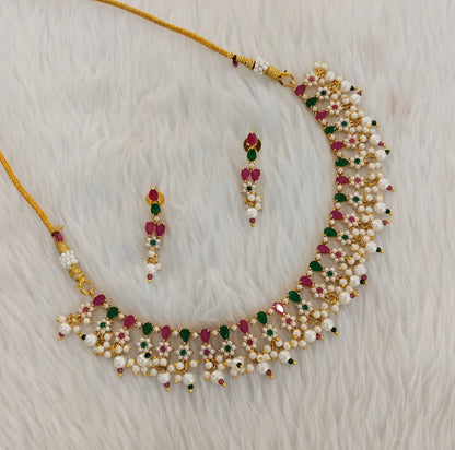 Ruby Green Pearl Necklace Indian Jewellery Spike Set