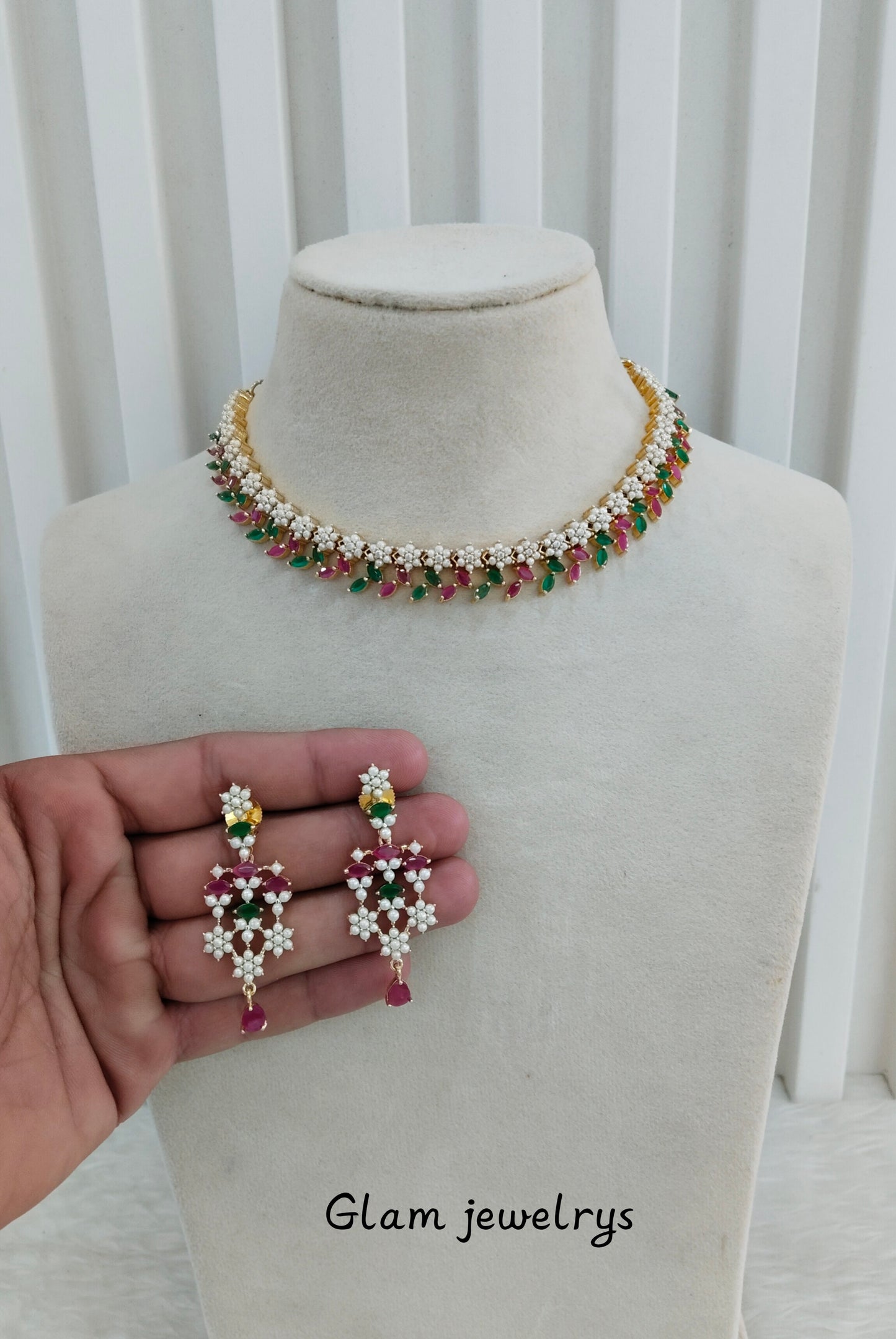 Ruby Green Pearl Necklace Indian Jewellery Spike Set