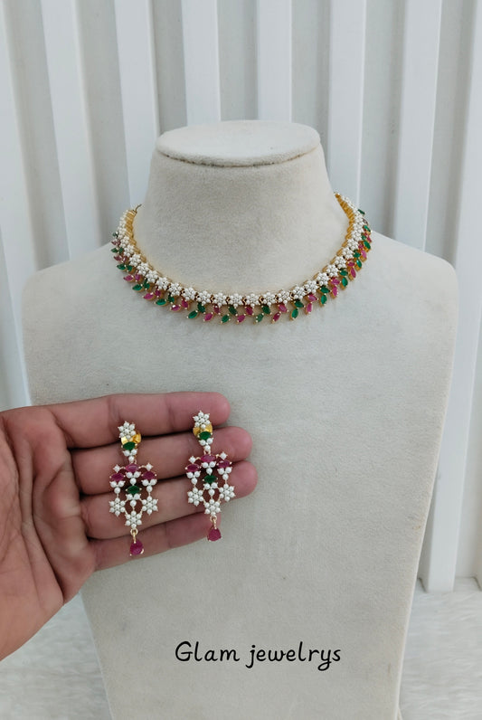 Ruby Green Pearl Necklace Indian Jewellery Spike Set