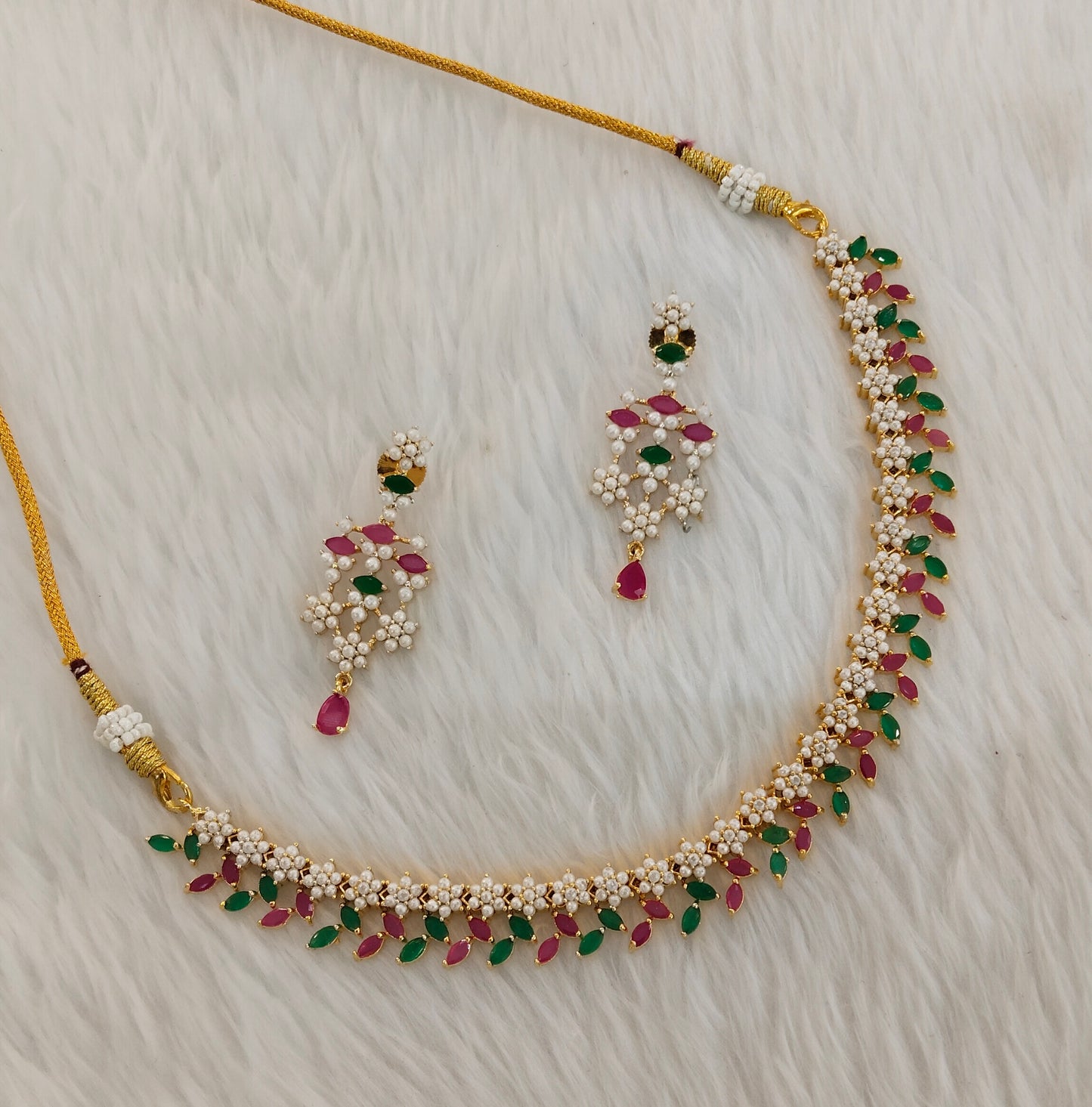 Ruby Green Pearl Necklace Indian Jewellery Spike Set