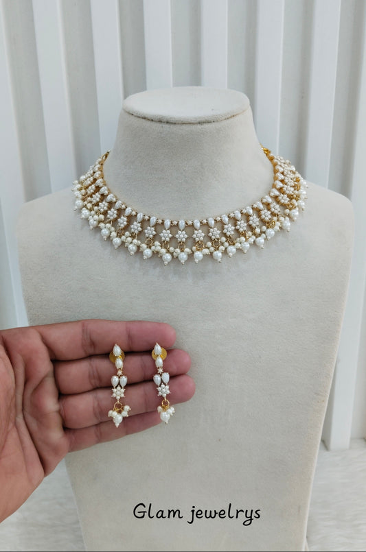 White Pearl Necklace Indian Jewellery Spike Set