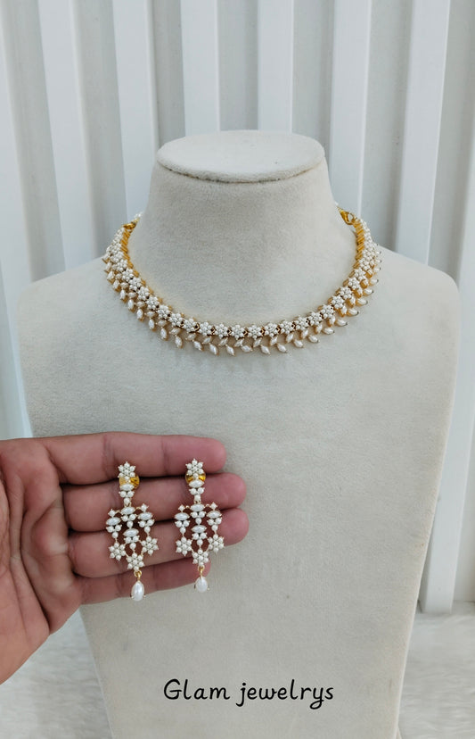 White Pearl Necklace Indian Jewellery Spike Set