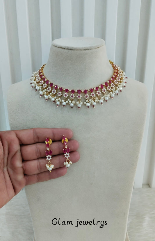 Ruby Pearl Necklace Indian Jewellery Spike Set
