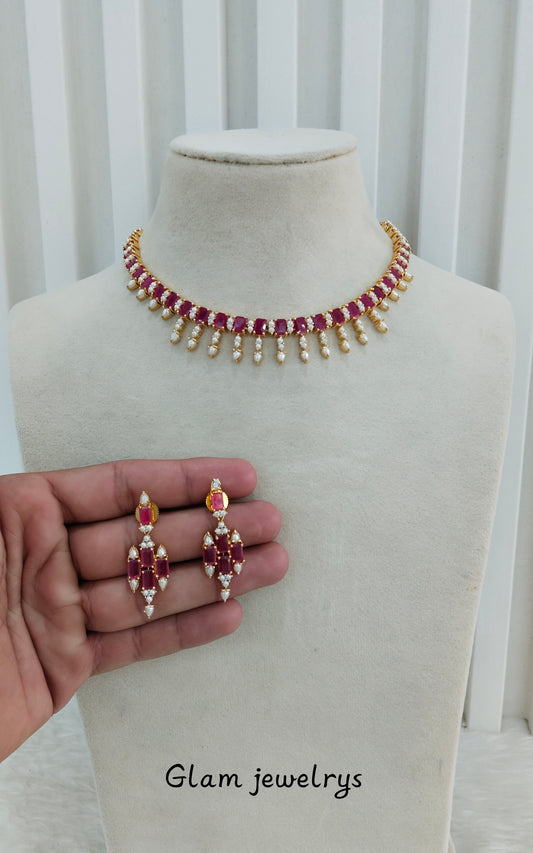 Ruby Pearl Necklace Indian Jewellery Spike Set