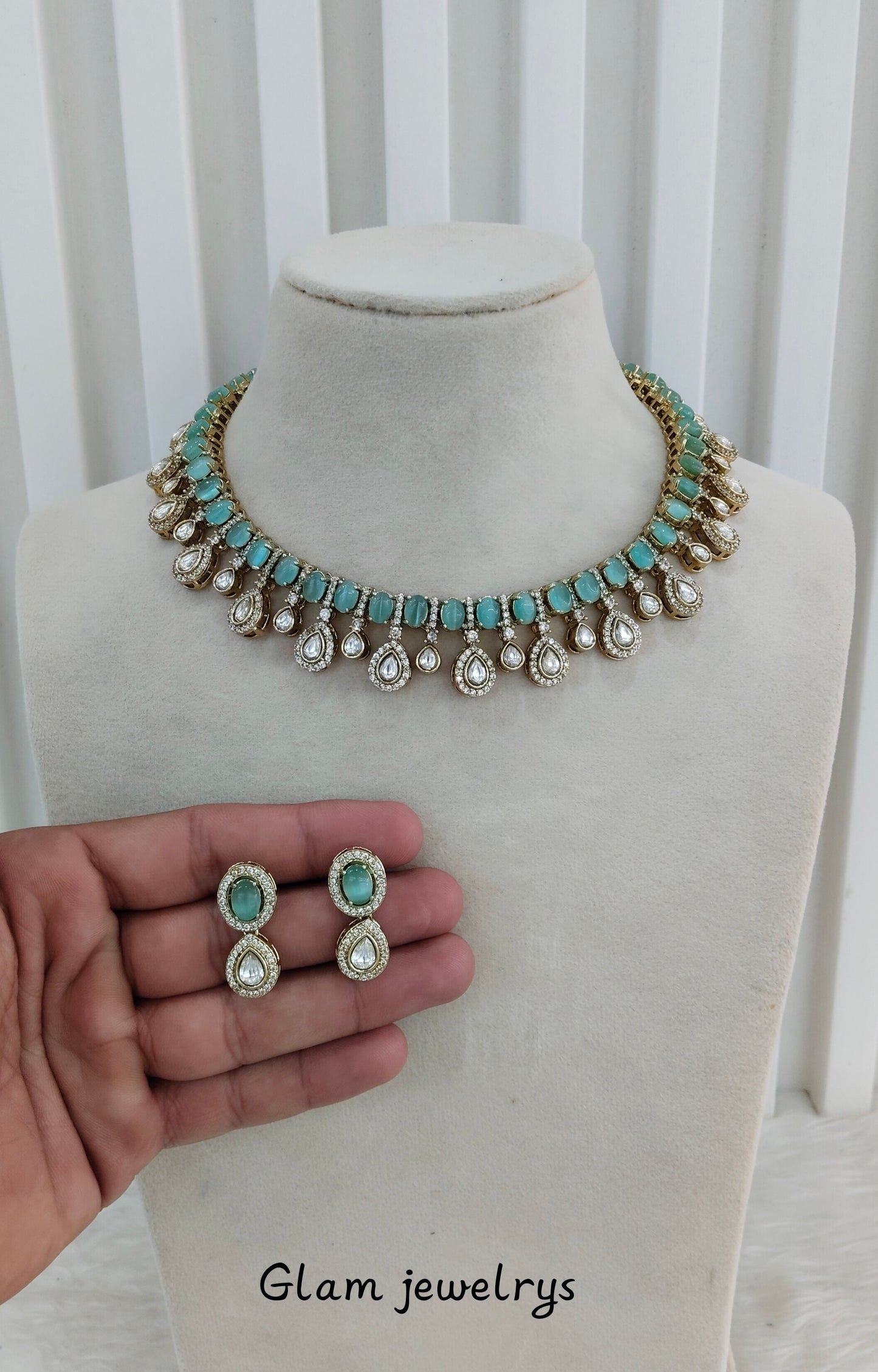 Mint Gold Moissanite Kundan Necklace Indian Jewellery Echer Set