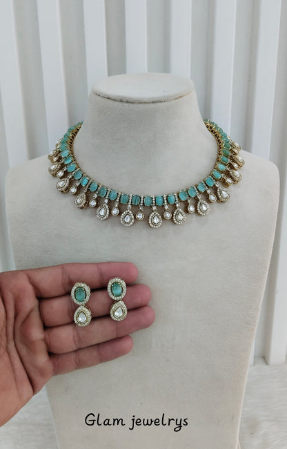 Mint Gold Moissanite Kundan Necklace Indian Jewellery Echer Set