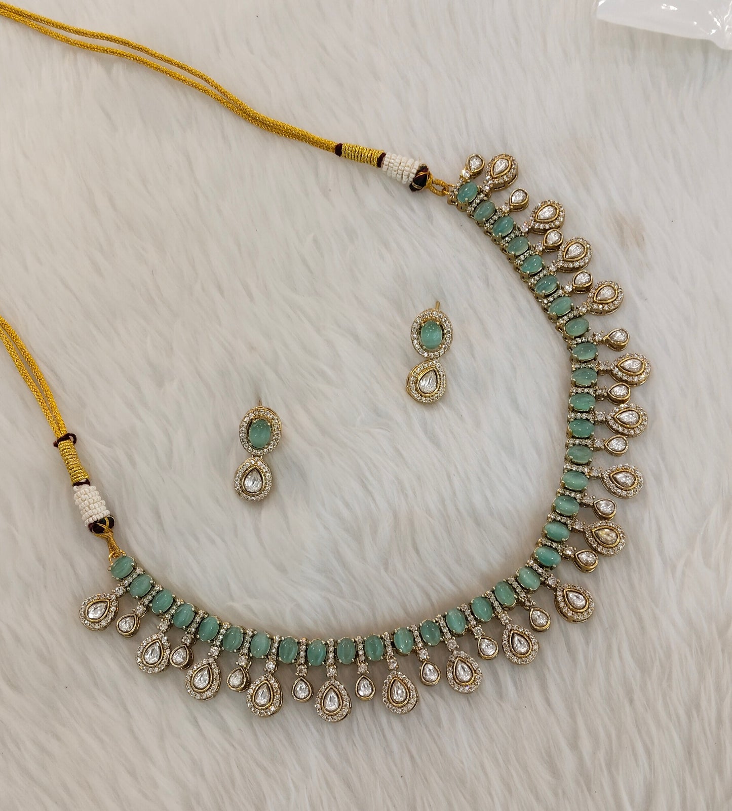 Mint Gold Moissanite Kundan Necklace Indian Jewellery Echer Set
