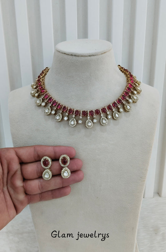 Ruby Gold Moissanite Kundan Necklace Indian Jewellery Echer Set