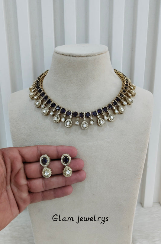 Purple Gold Moissanite Kundan Necklace Indian Jewellery Echer Set