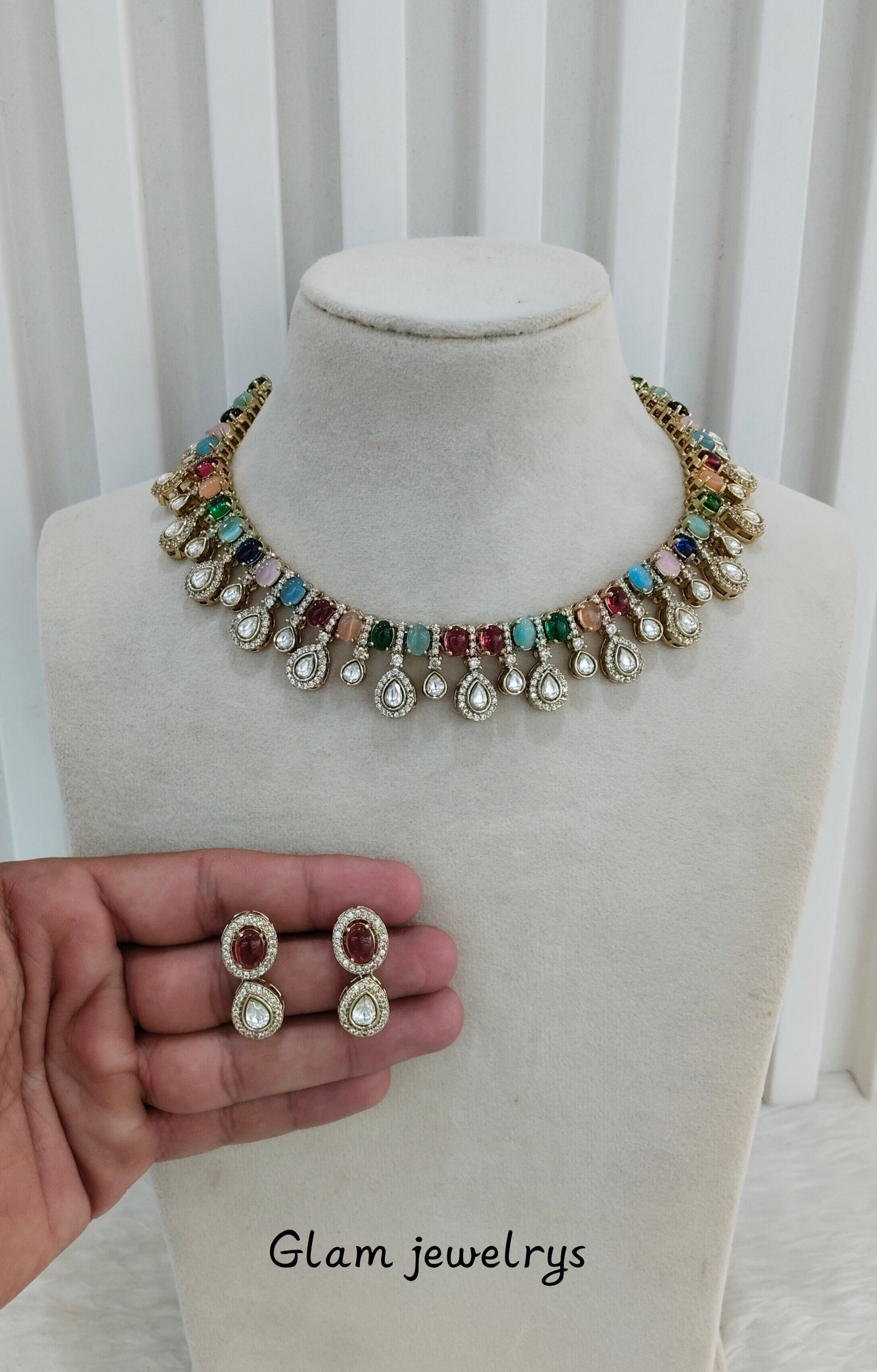 Multi Color Gold Moissanite Kundan Necklace Indian Jewellery Echer Set