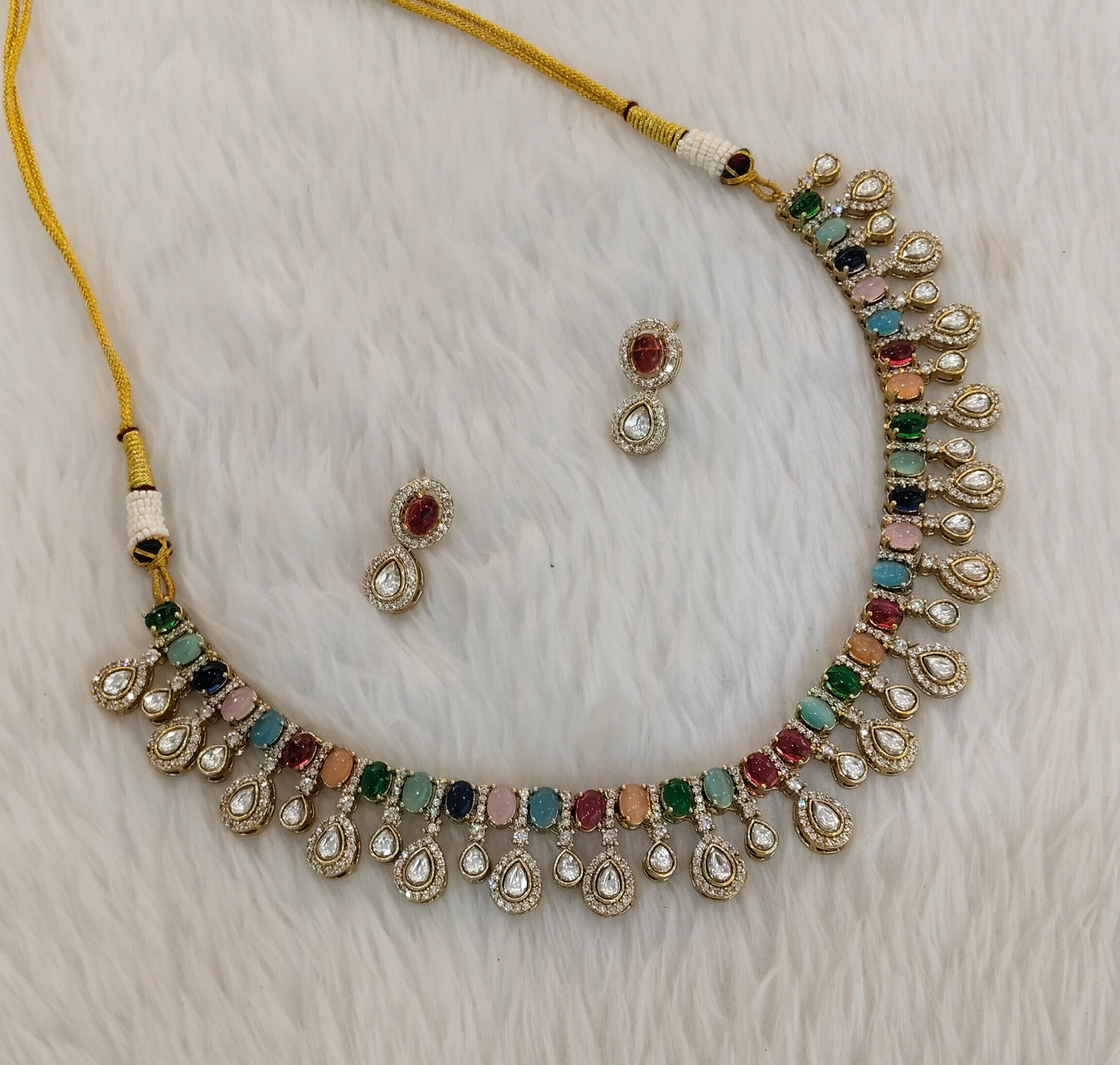 Multi Color Gold Moissanite Kundan Necklace Indian Jewellery Echer Set
