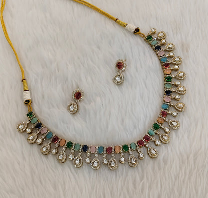 Multi Color Gold Moissanite Kundan Necklace Indian Jewellery Echer Set