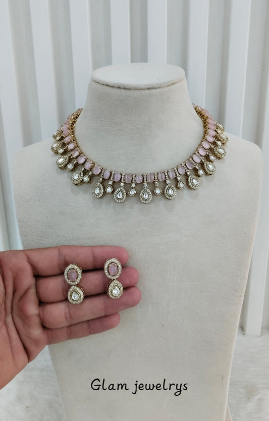 Pink Gold Moissanite Kundan Necklace Indian Jewellery Echer Set