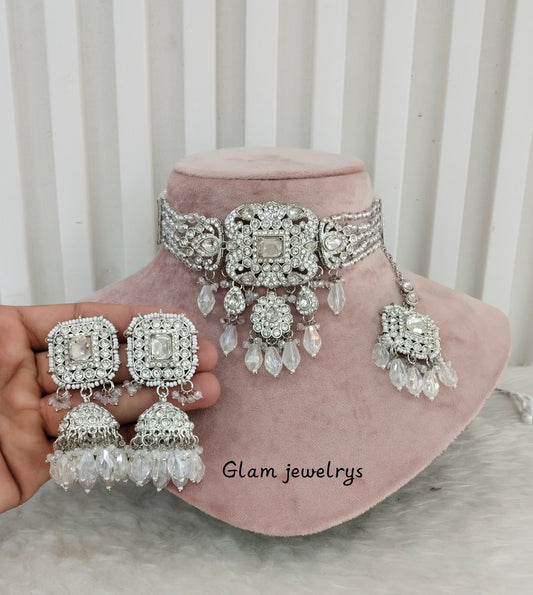 Silver White Choker Indian Jewellery Bruit Set