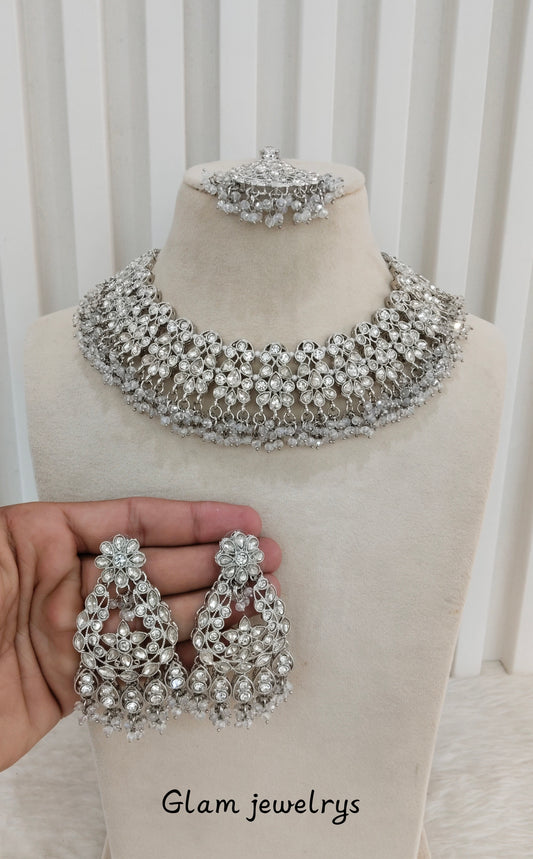 Silver White Necklace Indian Jewellery Bruit Set