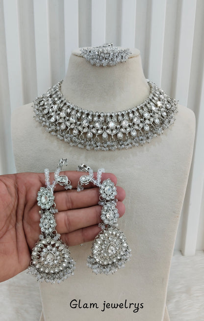 Silver White Necklace Indian Jewellery Bruit Set