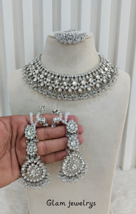 Silver White Necklace Indian Jewellery Bruit Set