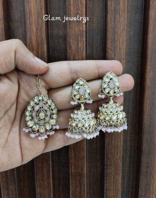 Pink Antique Gold Jhumka Indian Bollywood Suman Earrings