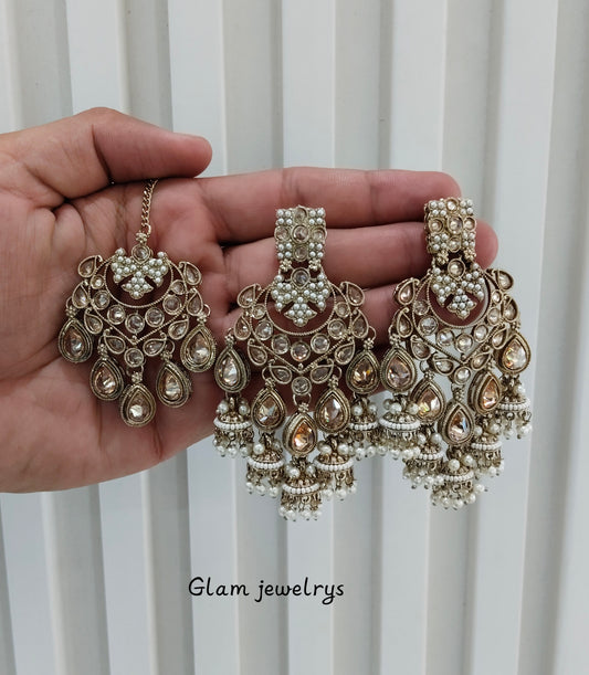 Antique Gold Bollywood Indian Earrings Tikka Current Set