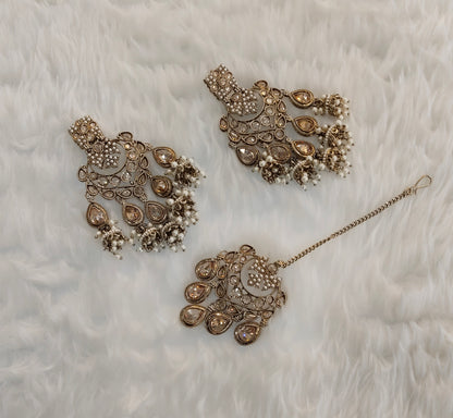 Antique Gold Bollywood Indian Earrings Tikka Current Set