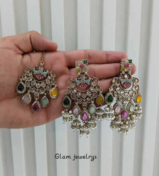 Multi Color Antique Gold Bollywood Indian Earrings Tikka Current Set
