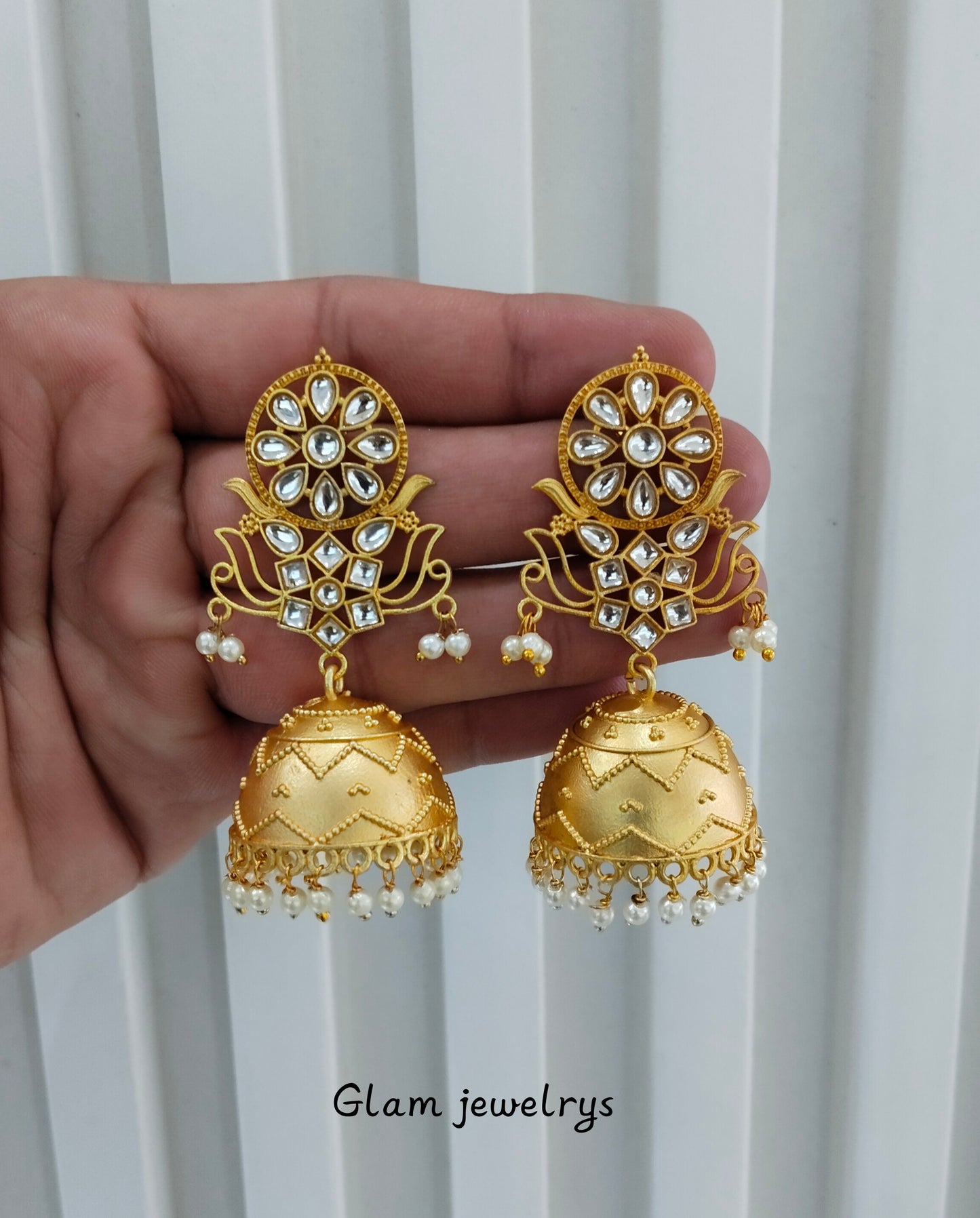 Gold Polki Jhumka Matt Finish Indian Bollywood Earrings