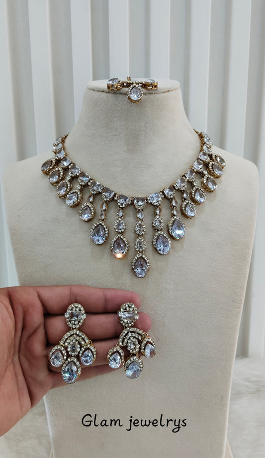 White Antique Gold Zircon Necklace Indian Jewellery Ekaksh Set