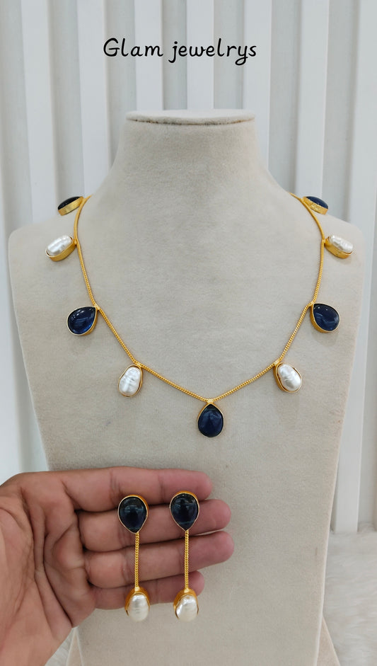 Blue Mother Of Pearl Stone Necklace Indian Jewellery Sagge Set