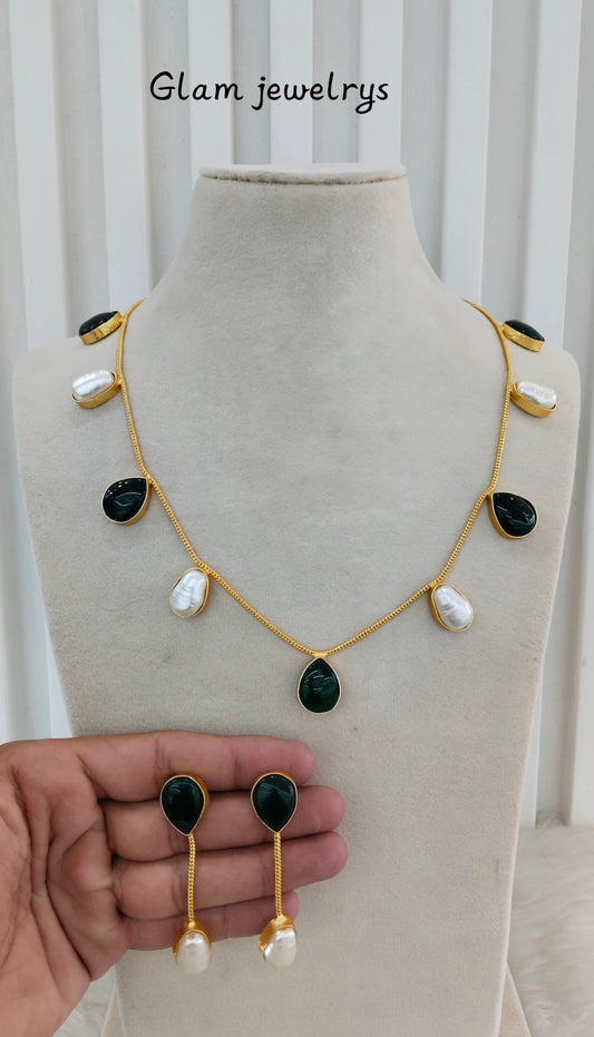Green Mother Of Pearl Stone Necklace Indian Jewellery Sagge Set