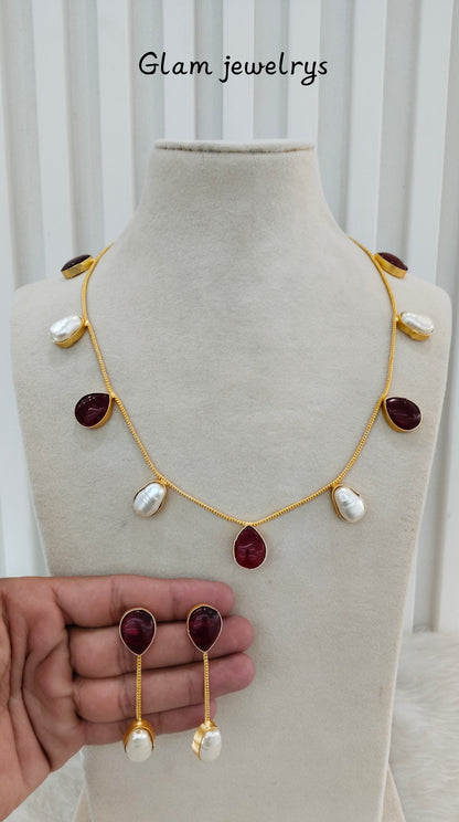 Maroon Mother Of Pearl Stone Necklace Indian Jewellery Sagge Set