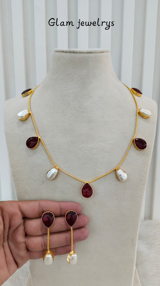 Maroon Mother Of Pearl Stone Necklace Indian Jewellery Sagge Set