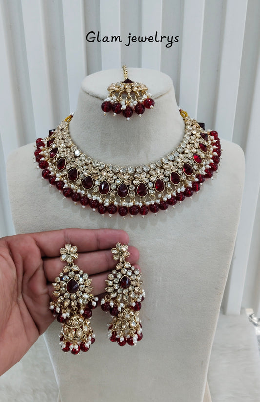 Maroon Kundan Necklace Indian Jewellery Krishn Set