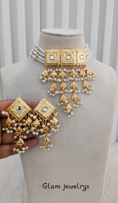 White Jadau Punjabi Style Choker Indian Jewellery Worldwide Set
