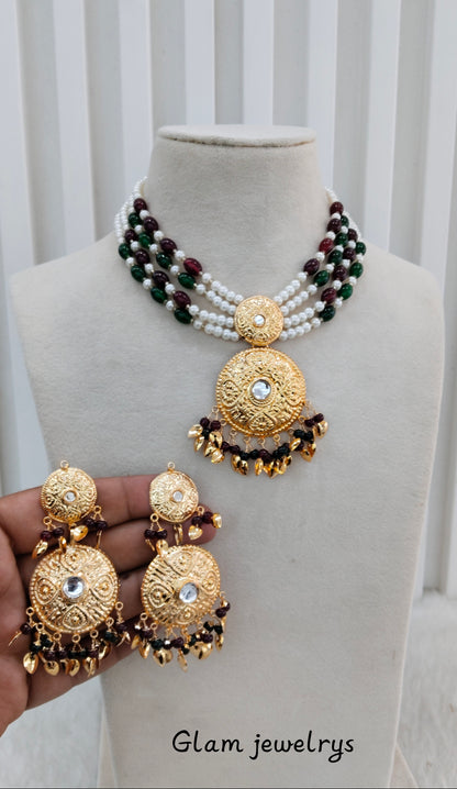 Maroon Green Gold Jadau Punjabi Style Choker Indian Jewellery Worldwide Set