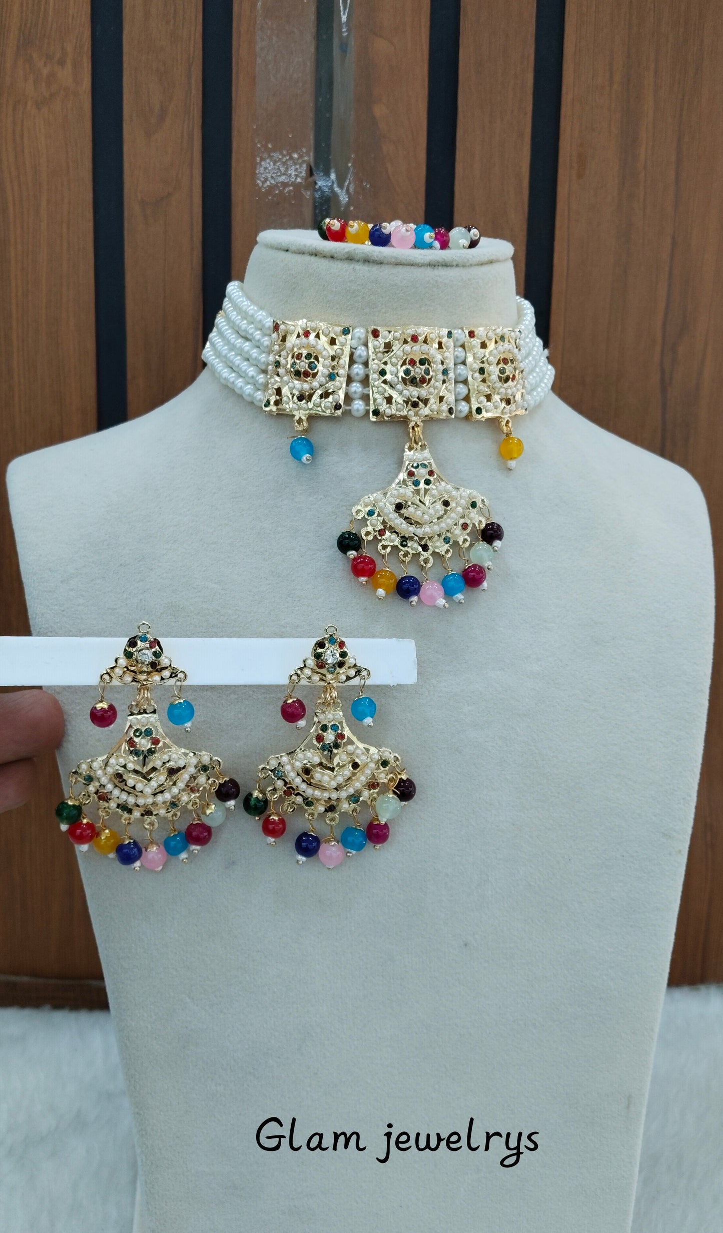 Multi Color Gold Jadau Punjabi Style Choker Indian Jewellery Worldwide Set