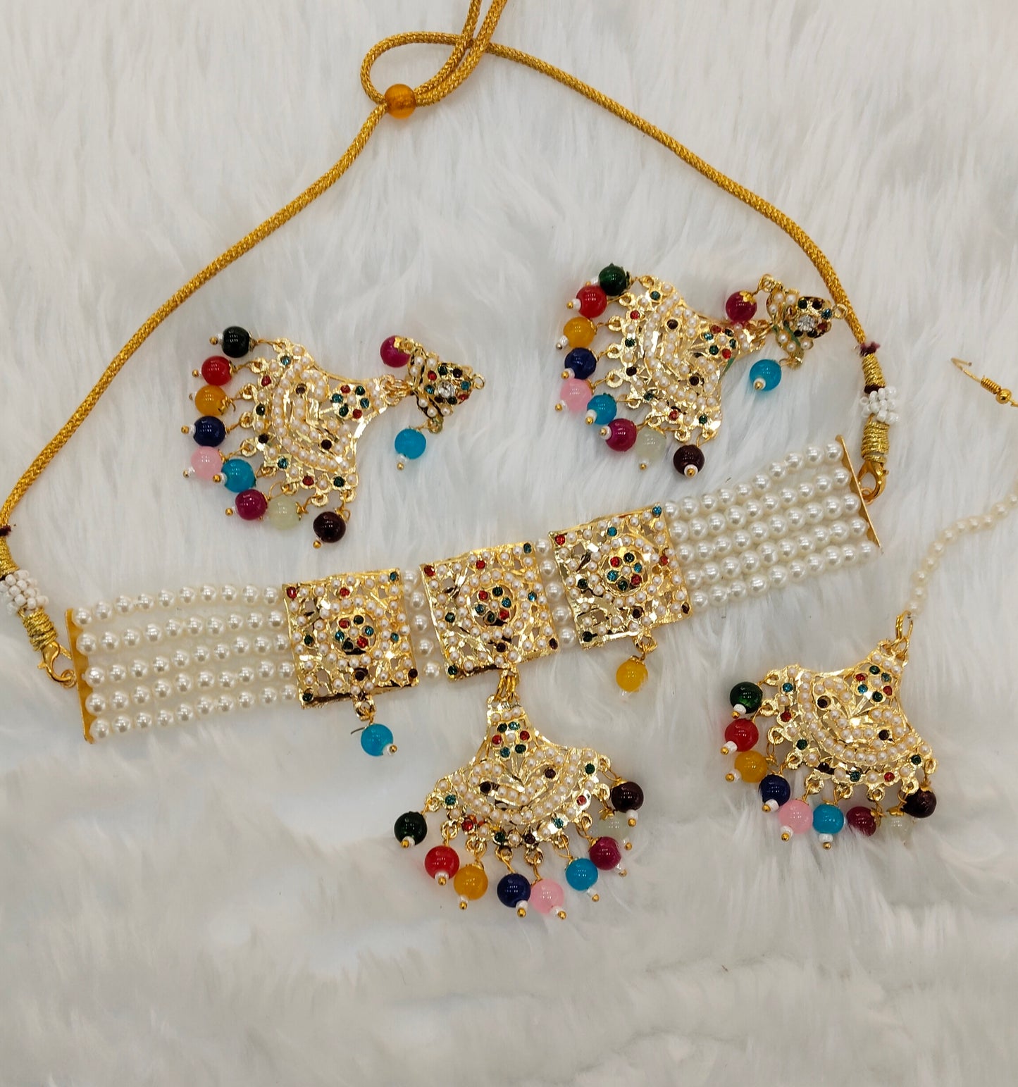 Multi Color Gold Jadau Punjabi Style Choker Indian Jewellery Worldwide Set