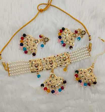 Multi Color Gold Jadau Punjabi Style Choker Indian Jewellery Worldwide Set